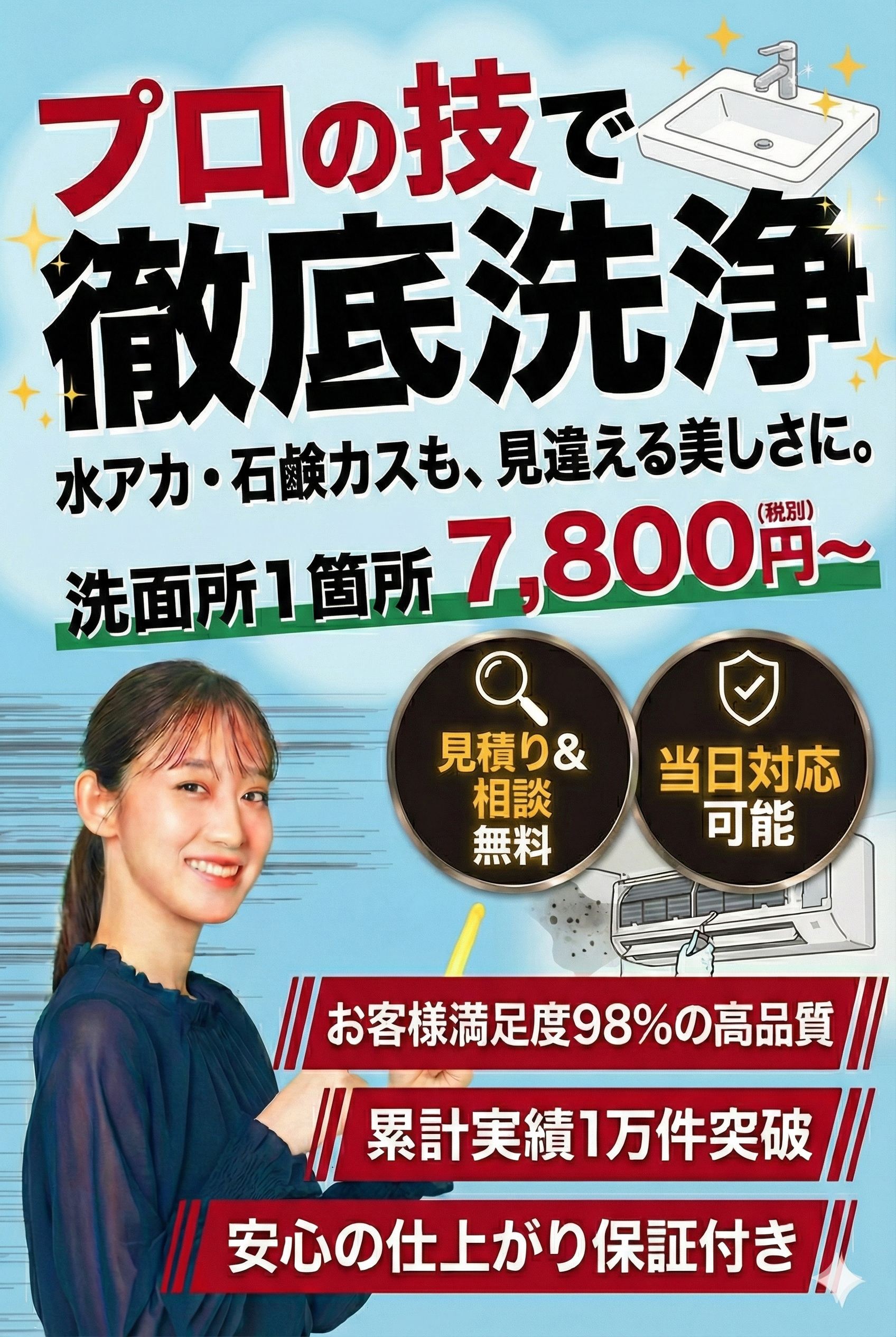 [地域名] 洗面所クリーニング おそうじユアパートナー 鏡のウロコや洗面ボウルの黒ずみをプロの技で徹底洗浄