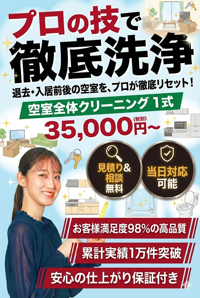 [地域名] 空室全体クリーニング おそうじユアパートナー 引越し前後・退去時の清掃をプロの技で徹底洗浄